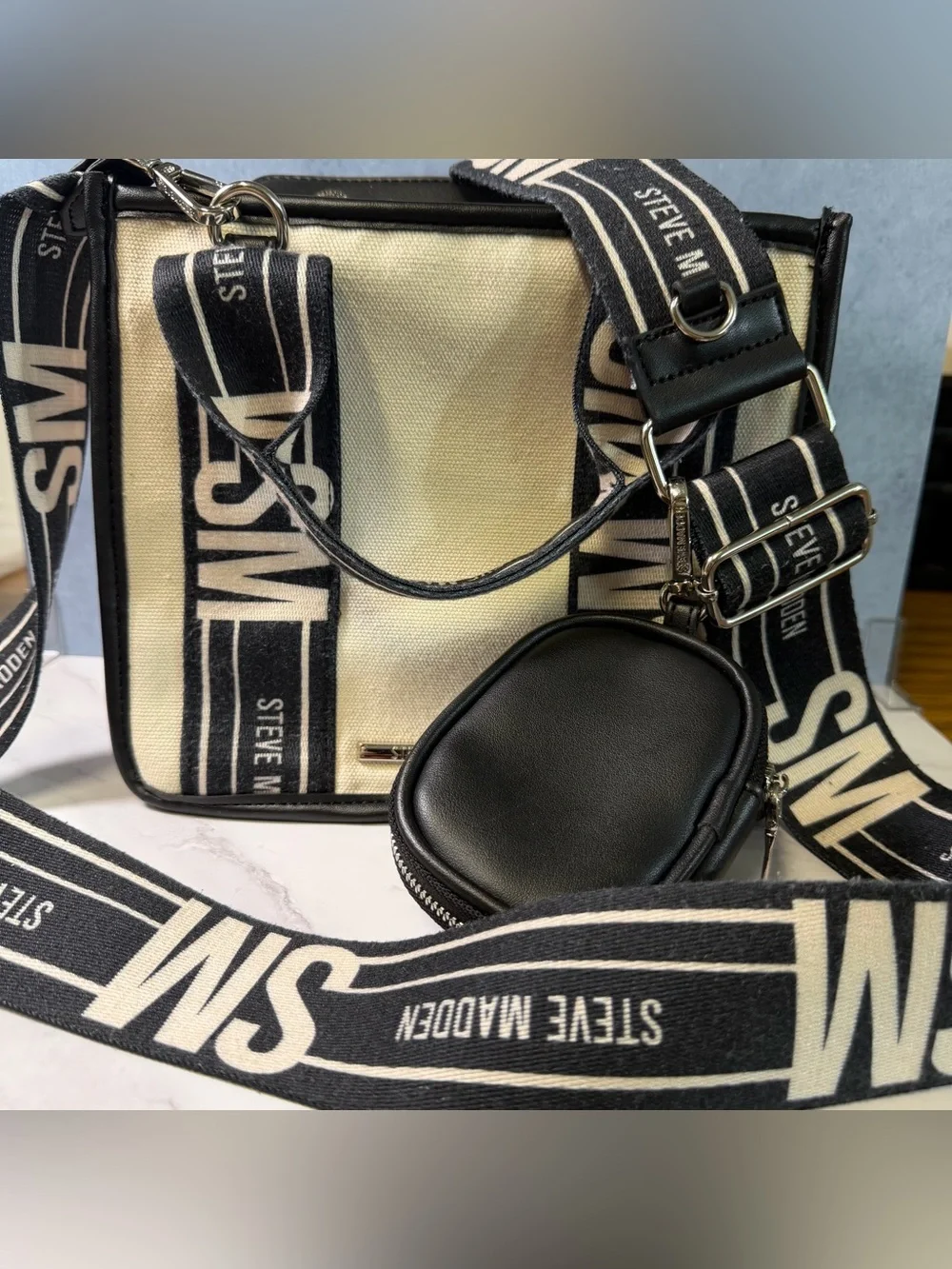 Steve Madden Black & Cream Logo Strap Tote with Coin Pouch
